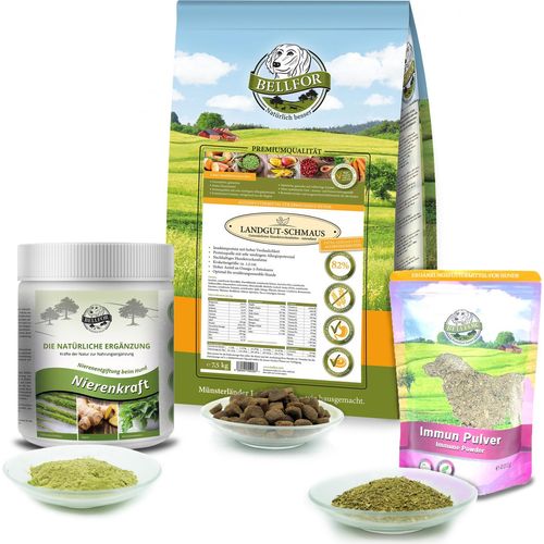Bellfor Sparset Nr. 7 - Landgut-Schmaus 7,5kg + Nierenkraft Pulver 250g + Immun Pulver 250g Nahrungsergänzung und Hundefutter 8.00 kg
