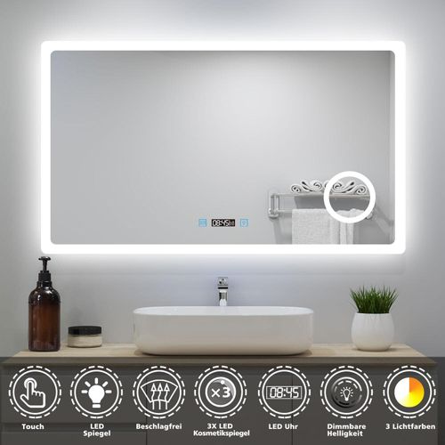 AICA LED Badspiegel mit Uhr 120×70cm Touch/Wandschalter Beschlagfrei Badezimmerspiegel 3 Lichtfarbe dimmbar 3-Fach Vergrößerung Schminkspiegel Kalt/Neutral/Warmweiß IP44