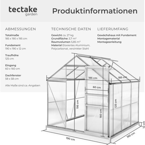 Gewächshaus mit Fundament 5,85 m³ 185 x 190 x 195 cm