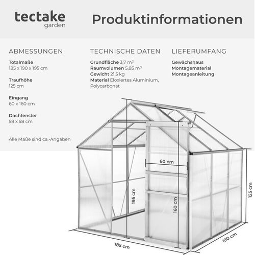 Gewächshaus 5,85 m³ 185 x 190 x 195 cm