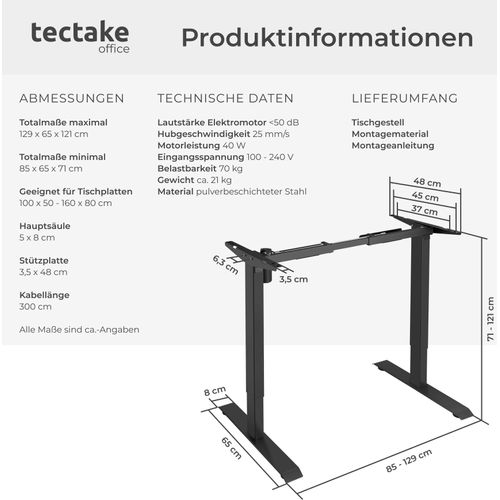 Tischgestell Piotr 85 - 129 x 65 x 71 - 121 cm