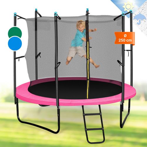 Klarfit Kinder Trampolin Indoor/Outdoor, Kleines Trampolin für Kinder, Kindertrampolin Rutschfest, Trampolin mit Leiter, Randabdeckung und Sicherheitsnetz, UV-Beständiges Trampolin Klein, 250cm