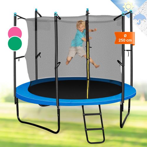 Klarfit Kinder Trampolin Indoor/Outdoor, Kleines Trampolin für Kinder, Kindertrampolin Rutschfest, Trampolin mit Leiter, Randabdeckung und Sicherheitsnetz, UV-Beständiges Trampolin Klein, 250cm