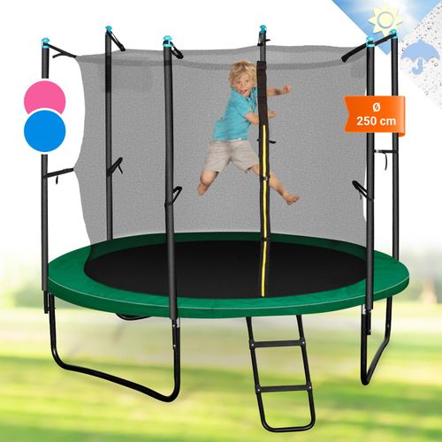 Klarfit Kinder Trampolin Indoor/Outdoor, Kleines Trampolin für Kinder, Kindertrampolin Rutschfest, Trampolin mit Leiter, Randabdeckung und Sicherheitsnetz, UV-Beständiges Trampolin Klein, 250cm