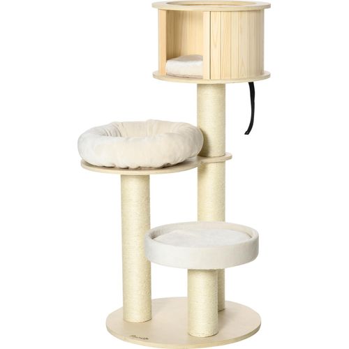 PawHut Kratzbaum Holz 122 cm hoch Katzenturm mit drei Ebenen, Sisalstämme, Plattform, mehrstöckiger Katzenkratzbaum, Kletterbaum unter 4,5kg
