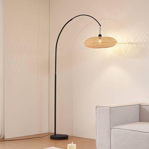 Lindby Bogenleuchte Solvian, schwarz/natur, Bambus, Metall