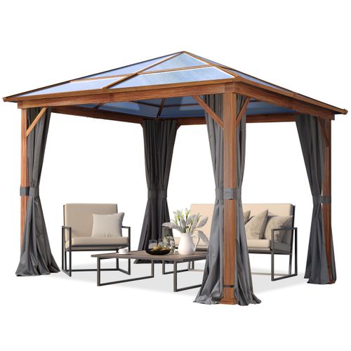 Gartenpavillon 3x3 m Holzoptik ca 8 mm Polycarbonat-Dach 4 Seitenteile in grau