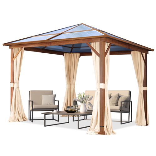 Gartenpavillon 3x3 m Holzoptik, ca 8 mm Polycarbonat-Dach, 4 Seitenteile in champagner