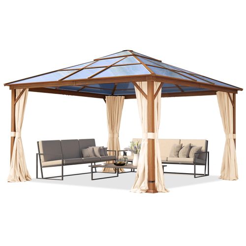 Gartenpavillon 4x4 m Holzoptik, ca 8 mm Polycarbonat-Dach, 4 Seitenteile in champagner