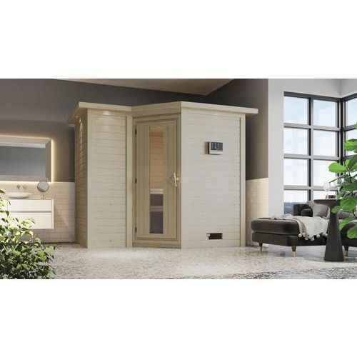 Massivholzsauna Karibu Melanit 2 ohne Ofen mit Dachkranz und Holztüre mit Isolierglas wäregedämmt