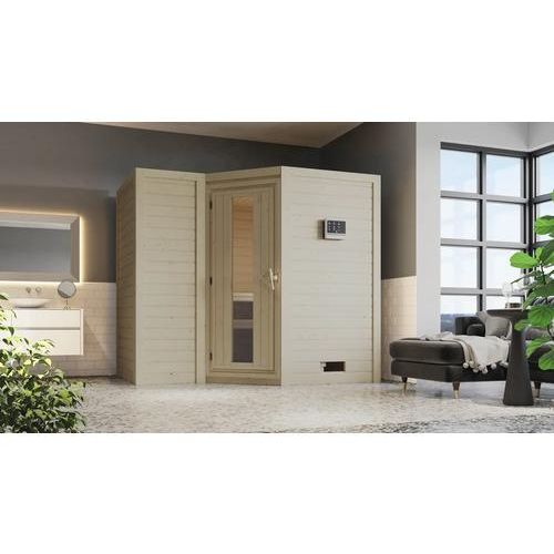 Massivholzsauna Karibu Melanit 2 ohne Ofen und Dachkranz mit Holztüre und Isolierglas wärmegedämmt