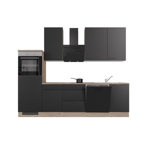 Küchenzeile mit E-Geräten & Geschirrspüler - 280 cm breit - Schwarz matt Endgrain Oak – Capri