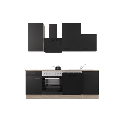 Küchenzeile mit E-Geräten & Geschirrspüler - 220 cm breit - Schwarz matt Endgrain Oak – Capri