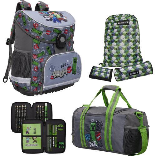 Minecraft Schulranzen für Jungen 1. Klasse Graue Schultasche im Set 6-teilig mit gefüllter Federmappe und Sporttasche