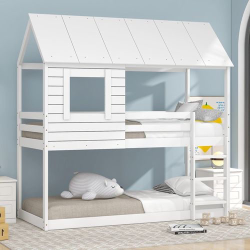 Kinderbett 90x200 cm (Ohne Matratze) mit Dach Leiter und Lattenrost Weiß Kiefernholz Etagenbett Kinder hausbett