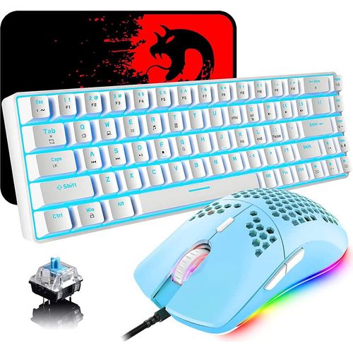 Tastatur und Maus Gaming Set, 68 Tasten Blauer Schalter 60% Mini Eisblaue Backlit Mechanische Tastatur Weiß, 6400DPI Leichte Programmierbar Maus