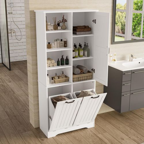 STILVORA 78x35x172cm Badkommode weiß mit verstellbare Regale, Hochschrank Badezimmerschrank mit 2 wäschekorb,weiß