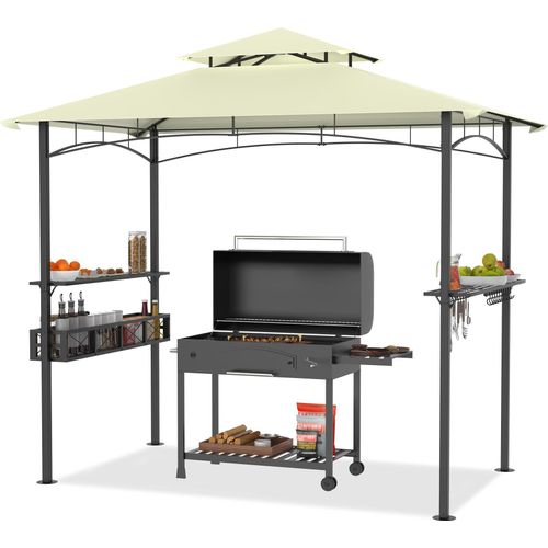 TRMLBE Grill Pavillon 2,4x1,4x2,5 m BBQ Grillpavillon mit Polyester-Doppelschichtdach Gartenpavillon inkl. Metall Regal Aufbewahrungskorb & Mehr Haken Gartenlauben Gartenzelt für Party BBQ, Beige