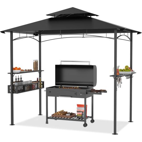 TRMLBE Grill Pavillon 2,4x1,4x2,5 m BBQ Grillpavillon mit Polyester-Doppelschichtdach Gartenpavillon inkl. Metall Regal Aufbewahrungskorb & Mehr Haken Gartenlauben Gartenzelt für Party BBQ, Schwarz