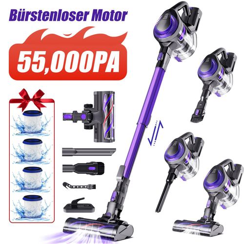 55000PA Akku Staubsauger, Staubsauger Kabellos,Kabelloser Staubsauger,8 in1 Akkustaubsauger Bürstenloser Motor bis zu 50min,für tierhaare,500W,4HEPA