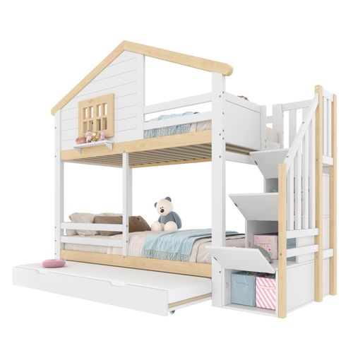 Etagenbett, 90x200cm,kinderbetten, Bettgitter,Ausziehbares Bett, Stauraumleiter, Fenster, Hausleiste, Weiß + Natur