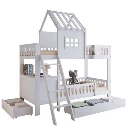 Etagenbett, Kinderbett, Zwei Schubladen mit Rollen, Schönes Dach und Fenster, Mit Lesetisch und Ablagekorb, Kiefer + MDF + Sperrholz, Weiß