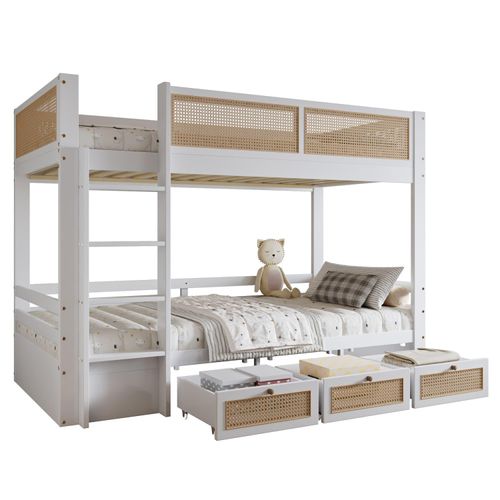 Etagenbett, Kinderbett, Schöner geflochtener Rattanzaun, Drei Schubladen mit Rollen, Stabile Lattenroste, Mit Sichere Bettgitter,Kiefer+MDF+Sperrholz