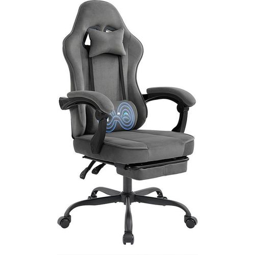 Gaming Stuhl Stoff, Ergonomischer Gaming Chair mit Fußstütze, Verstellbarer Racing Computerstuhl, Mit Lendenkissen und Kopfstütze, Hohe Rückenlehne, Grau
