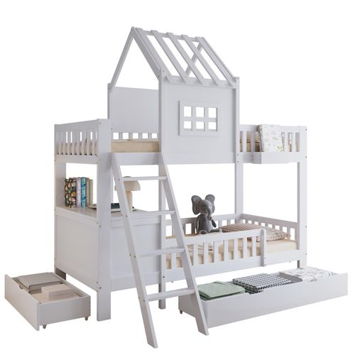 Etagenbett, Kinderbett, Zwei Schubladen mit Rollen, Schönes Dach und Fenster, Mit Lesetisch und Ablagekorb, Kiefer + MDF + Sperrholz, Weiß