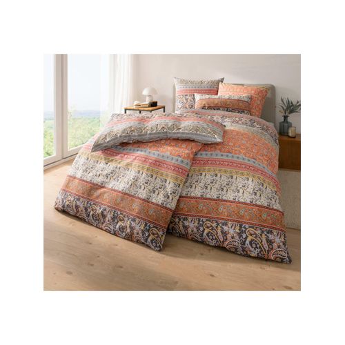 Bettwäsche WÄSCHEPUR Gr. 1, orange (terra, grau, bedruckt), B/L: 135cm x 200cm, , Feinbiber, B/L: 80cm x 80cm, Feinbiber, 100% Baumwolle, Bettwäsche