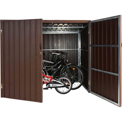 WPC-Fahrradgarage HWC-J29, Geräteschuppen Fahrradbox, Metall Holzoptik abschließbar 4 Räder 172x213x160cm braun