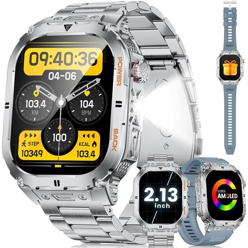 Smartwatch Herren 3ATM Wasserdicht mit Anruf/LED-Taschenlampe, 2,13'' HD AMOLED Großbildschirm Militär 100+ Sportmodi Fitnessuhr