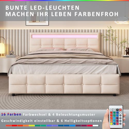 Beige Polsterbett Samtstoff 180x200cm (Ohne Matratze) Doppelbett LED-Bettgestell mit 4 Schubladen , Lattenrost und Rückenlehne Doppelbett Jugendliche
