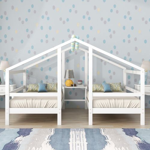 Kinderbett 90x200cm Weiß (Ohne Matratze) Hausbett Mit Nachttisch und Lattenrost Rausfallschutz zwei Einzelbetten unter einem Dach Holzbett