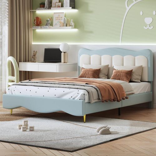 Kinderbett Kunstleder 140x200 cm Polsterbett(Ohne Matratze)süßes Jungen-Mädchen-Bett Jugendbett Doppelbett mit Lattenrost Hellgrün