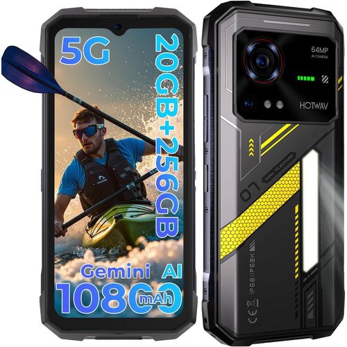 HOTWAV Hyper 7 5G Outdoor Smartphone, 20GB+256GB 280LM Campinglicht Handy 10800mAh Baustellenhandy 6.6”FHD+120Hz 64MP+32MP IP68/IP69K/NFC, Gelb