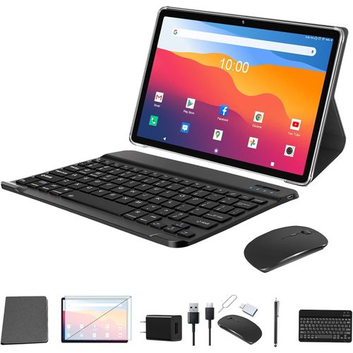 Tablet 10 Zoll, 5G WiFi Android PC mit Tastatur Maus Stift, 128GB ROM+1TB TF, 1.8GHz Okta-Kern, 7000mAh mit Hülle, 13MP+8MP Kamera, 1080P FHD (Grau)