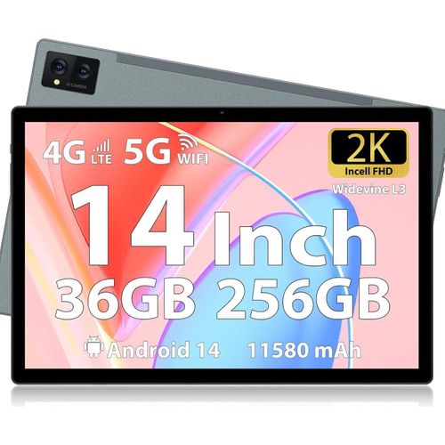 Tablet 14 Zoll Android 14, 36GB RAM + 256GB ROM, 2000x1200 FHD, 11580mAh, 12W, Widevine L3, Face ID, 5G WiFi, SIM, BT 5.0, GMS, TUV, mit Hülle