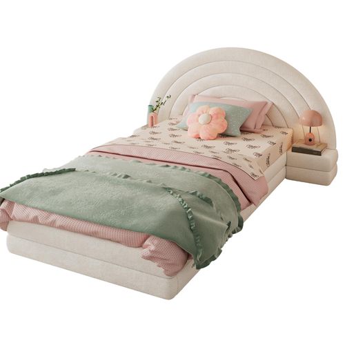 Einzelbett mit Lattenrost, Nachttisch und Kopfteil, 90x200 cm, Polsterbett, Jugendbett, Vlies