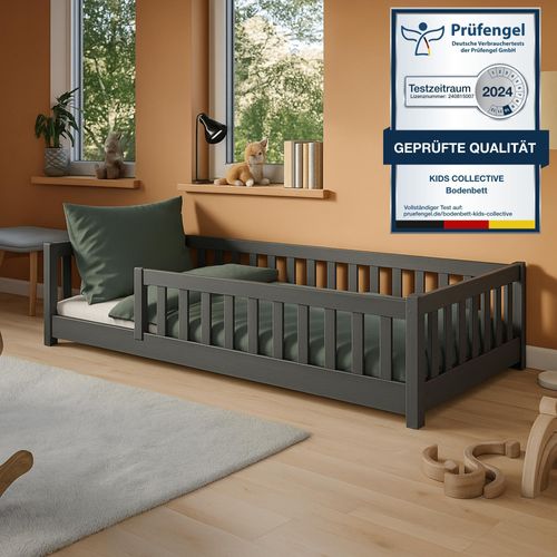 Kinderbett Bodenbett 90x190 cm mit Rausfallschutz, Matratze & Lattenrost Montessori Bett Bed Gitterbett Kinder Jugendbett Einzelbett | Graphit | von 4. bis 18. Lebensjahr