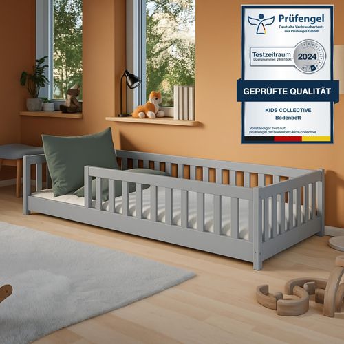 Kinderbett Bodenbett 90x200 cm mit Rausfallschutz, Matratze & Lattenrost Montessori Bett Bed Gitterbett Kinder Jugendbett Einzelbett | Aschgrau | von 4. bis 18. Lebensjahr