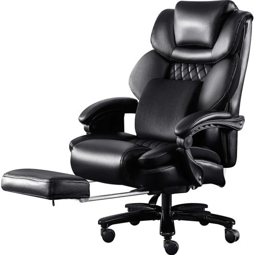 Bürostuhl 230KG, Massage Chefsessel, Ergonomisch, Leder Hochlehne, Verstellbare Rückenlehne, Fußstütze, Lendenkissen