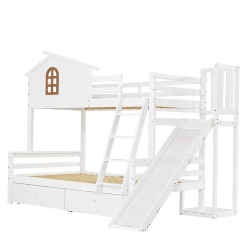 Etagenbett mit charakteristischen Fenstern und vierstufiger Kipptreppe,Kinder und Mutterbett mit Rutsche,mit zwei Schubladen,Bettrahmen aus Massivholz