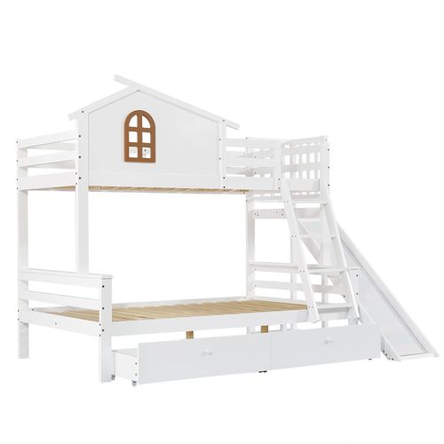 Etagenbett mit charakteristischen Fenstern und vierstufiger Kipptreppe,Kinder und Mutterbett mit Rutsche,mit zwei Schubladen,Bettrahmen aus Massivholz