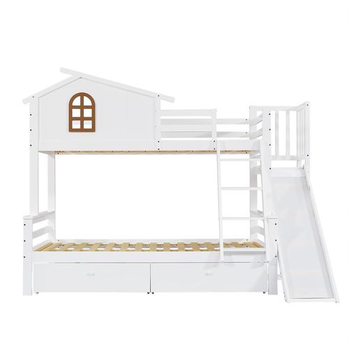 Kinderbett mit Rutsche und Schubladen Etagenbett Jugendbett 90x200 & 120x200cm Weiß