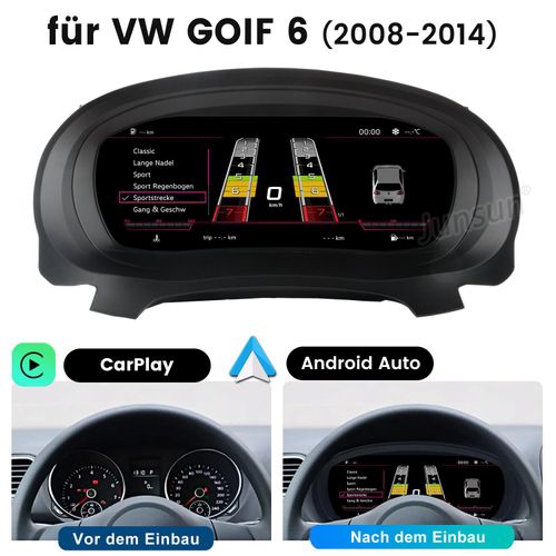 10.25 Zoll Digitales Cockpit Kombiinstrument für VW Golf 6 (2008-2014) - Plug & Play Tachometer mit CarPlay, Android Auto & Lenkradsteuerung