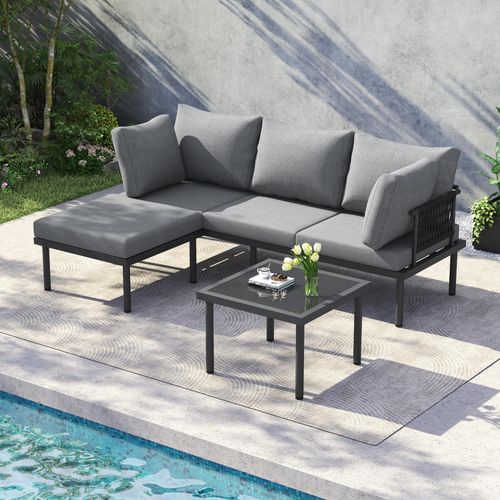 Gartenmöbel-Set Eckgarnitur,3-teilig mit Sofa, Couchtisch & Fußhocker,Verzinkter Stahlrohrrahmen + Glastisch,für Garten & Poolbereich grau + schwarz