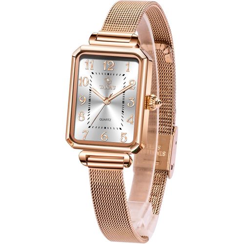 Damenuhr Eckig Armbanduhr Damen mit Edelstahl Mesh Armband Rechteckig Uhr Damen Mode Damenarmbanduhr Rosegold Wasserdicht Elegant Quarzuhr