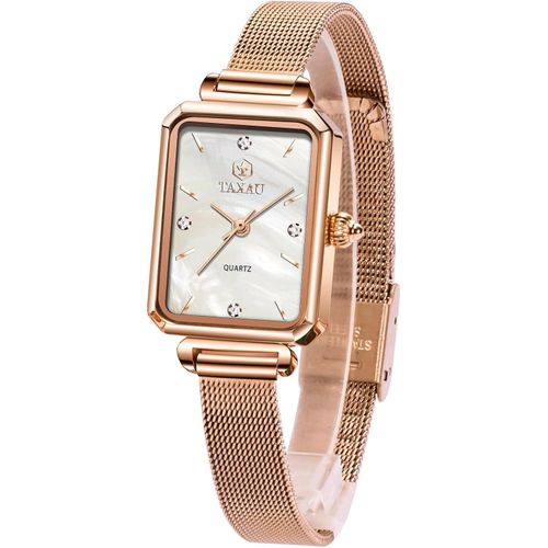 Damenuhr Eckig Armbanduhr Damen mit Edelstahl Mesh Armband Rechteckig Uhr Damen Mode Damenarmbanduhr Rosegold Wasserdicht Elegant Quarzuhr