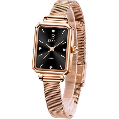 Damenuhr Eckig Armbanduhr Damen mit Edelstahl Mesh Armband Rechteckig Uhr Damen Mode Damenarmbanduhr Rosegold Wasserdicht Elegant Quarzuhr